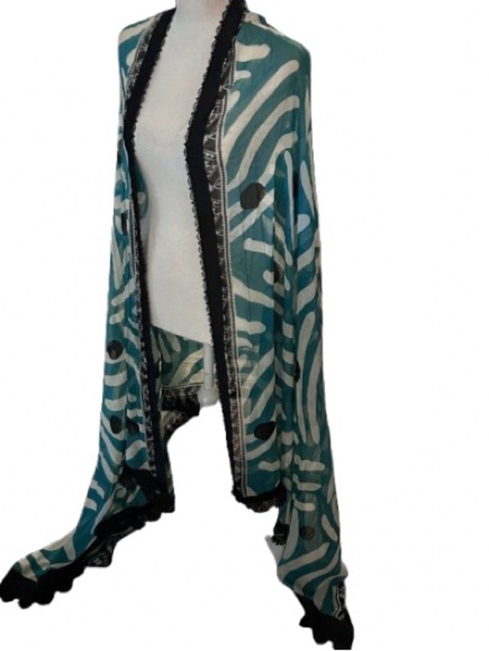 STUNNJNG Extra Long Scarf TEAL & BLACK LACE Sheer Abstract Blue Silk? Boho